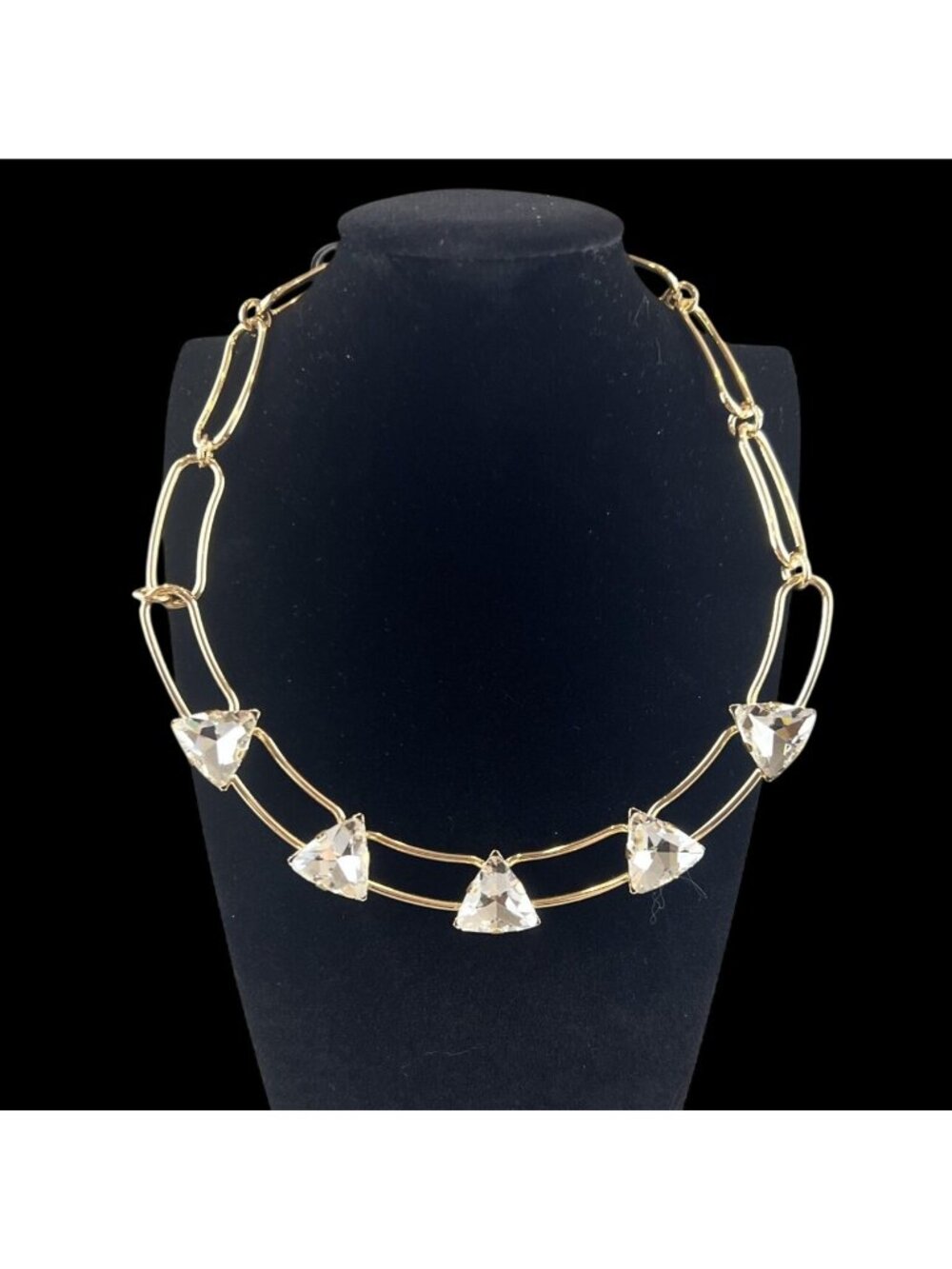 Gold Tone Collar Necklace Clear Triangle Stone Adjustable Length Open Edit NWT